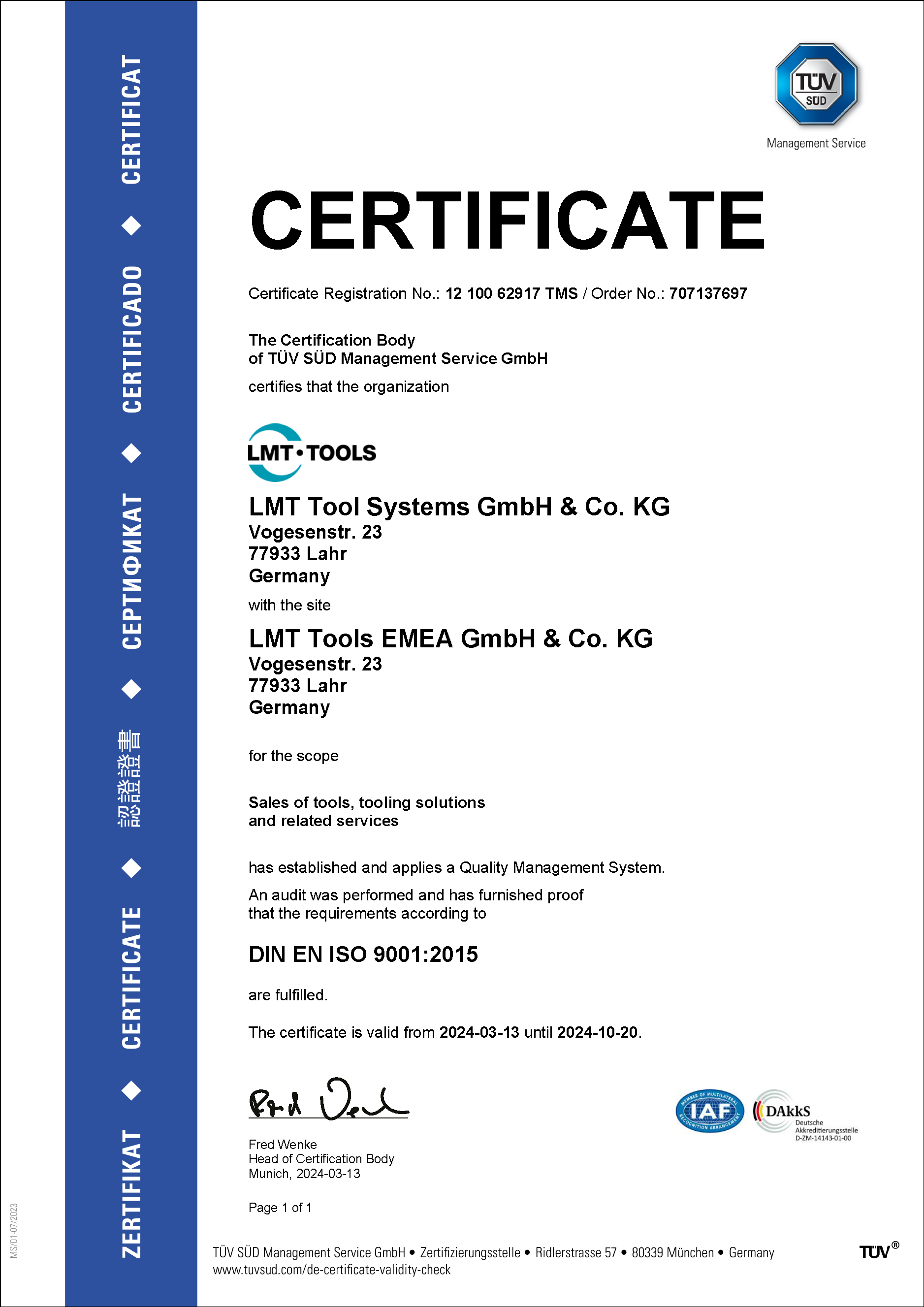Quality Management System - LMT Tool Systems & LMT Tools EMEA