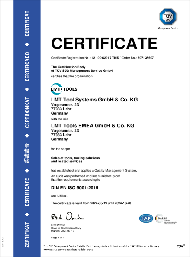 Qualitätsmanagementsystem - LMT Tool Systems & LMT Tools EMEA