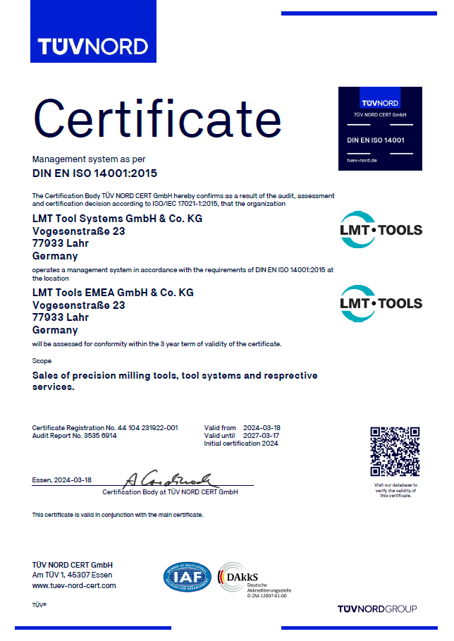 Management System ISO 14001:2015 - LMT Tools EMEA