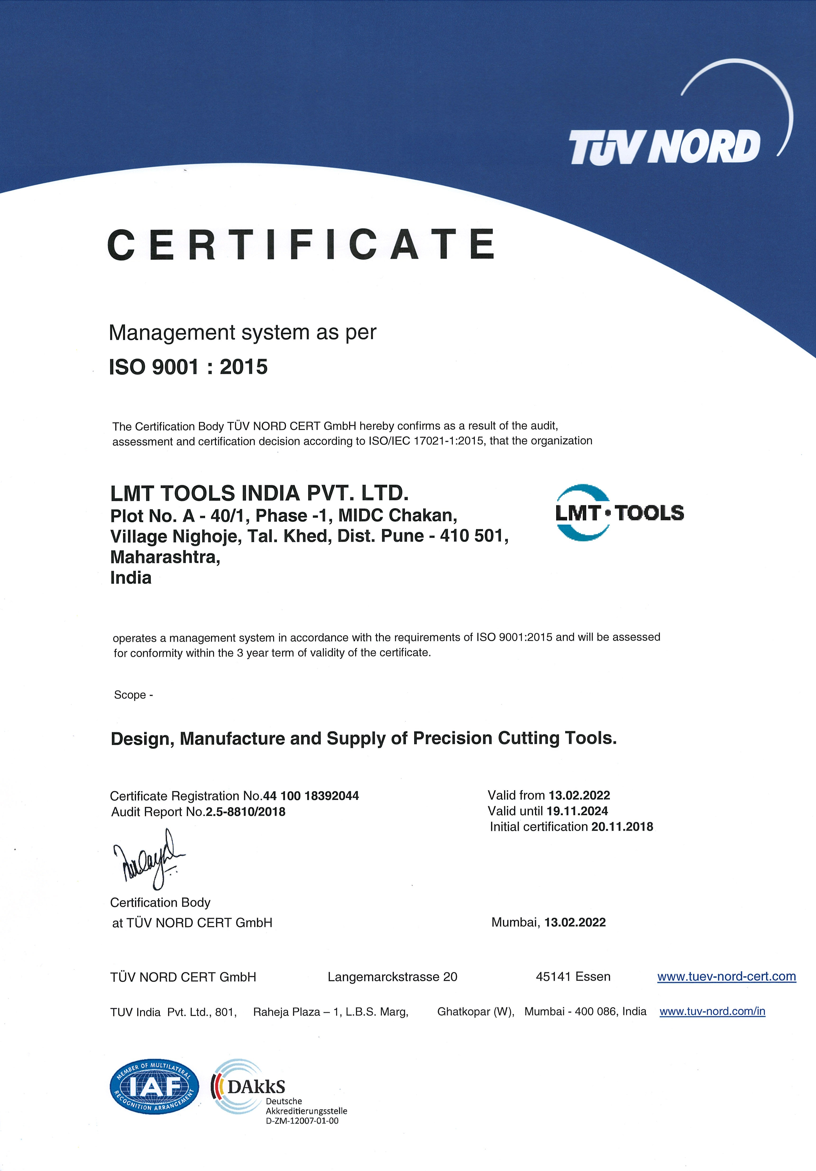 Management System ISO 9001 : 2015 - LMT Tools India Pvt. Ltd.
