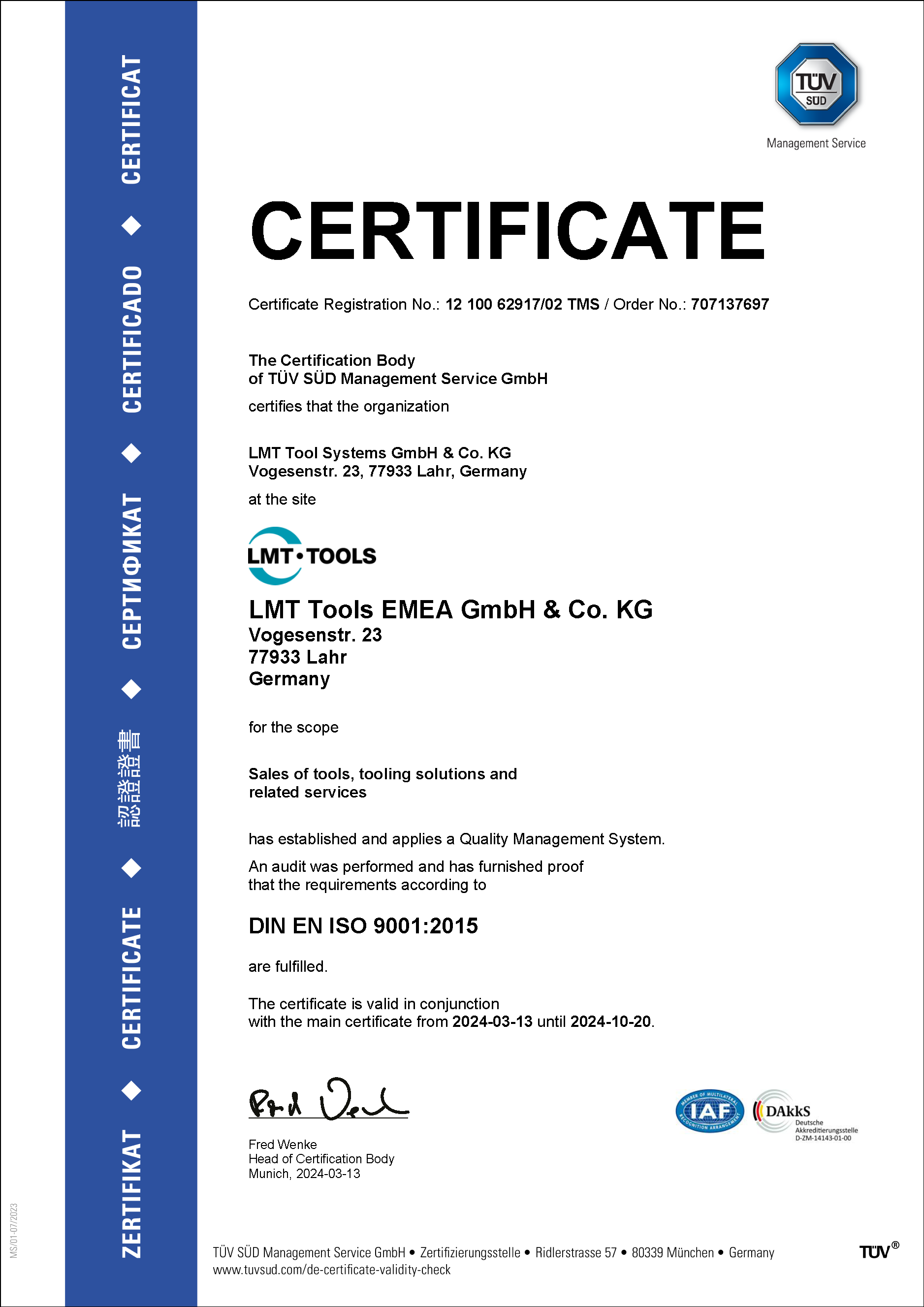 Quality Management ISO 9001:2015 - LMT Tools EMEA
