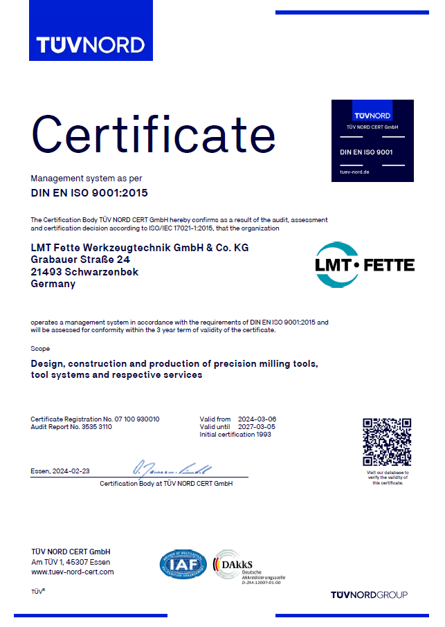 Management system DIN EN ISO 9001 - LMT Fette Werkzeugtechnik GmbH & Co. KG