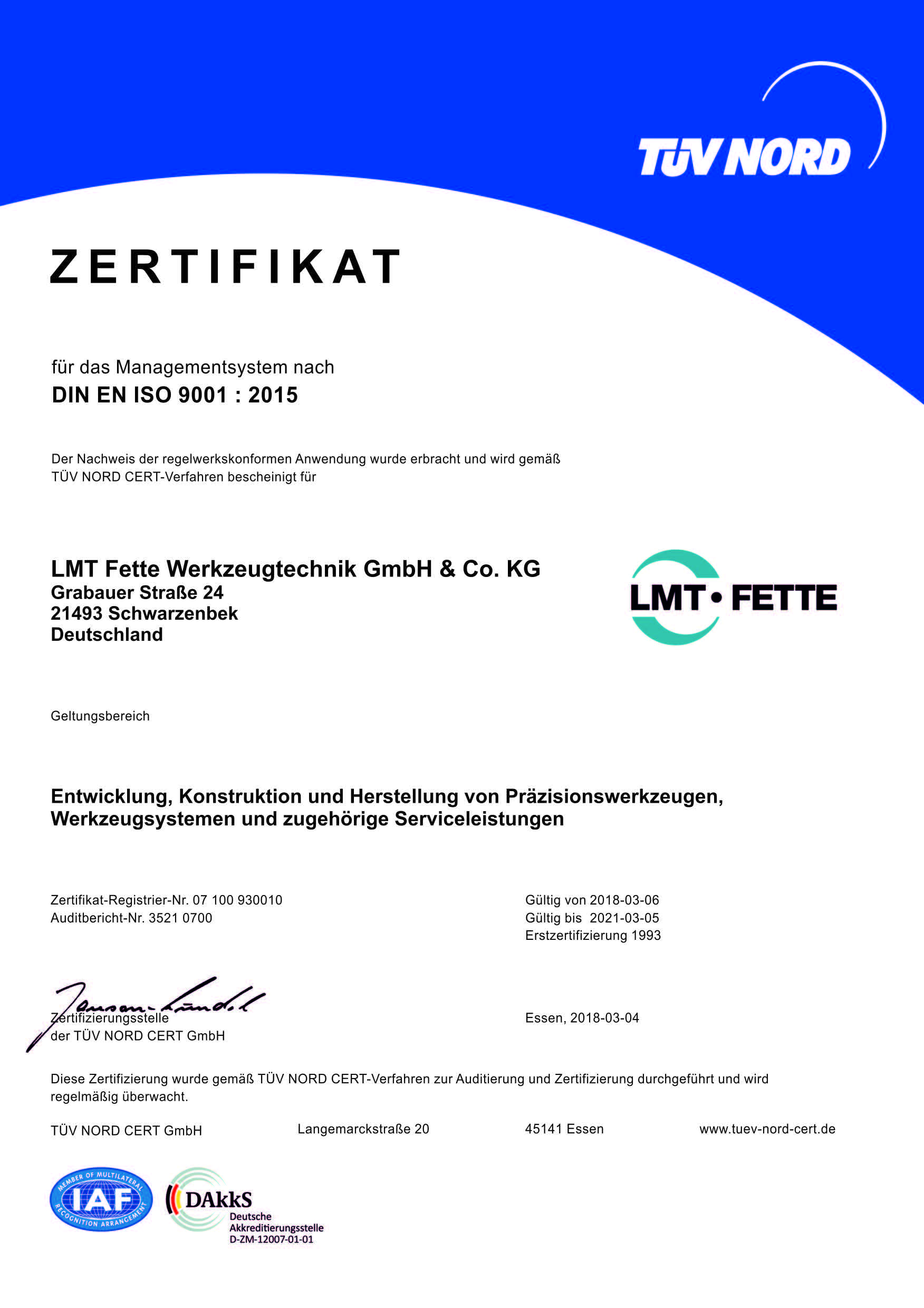 Managementsystem nach DIN EN ISO 9001 - LMT Fette Werkzeugtechnik GmbH & Co. KG