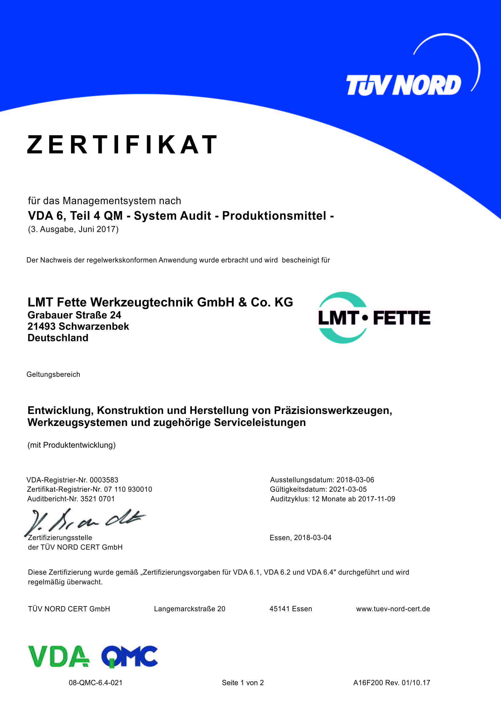 Managementsystem nach VDA 6, Teil 4 QM - LMT Fette Werkzeugtechnik GmbH & Co. KG