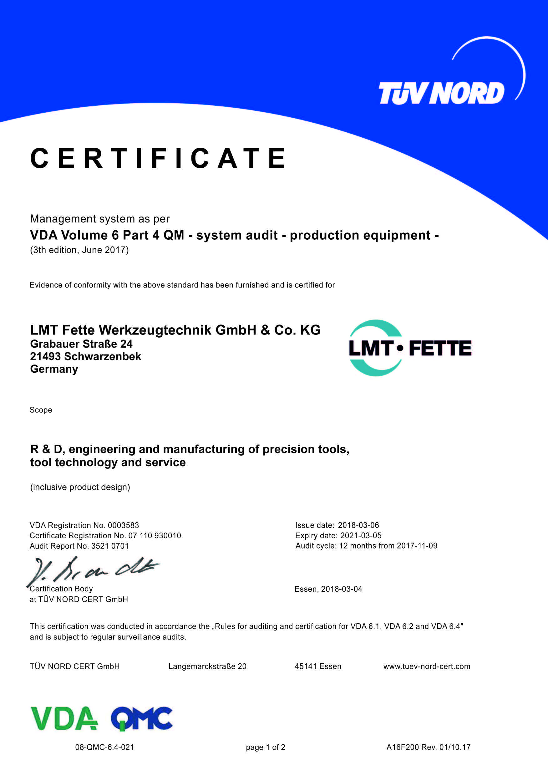Management System as per VDA Vol. 6 Part 4 QM - LMT Fette Werkzeugtechnik GmbH & Co. KG